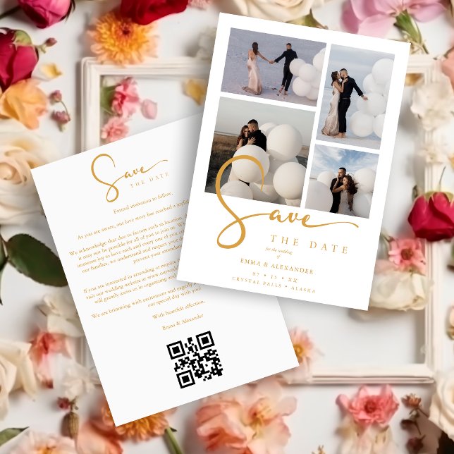 White Stylish Minimalist Chic 4-Photo Wedding Save The Date (White Stylish Minimalist Custom 4-Photo Wedding Save the Date Card.)