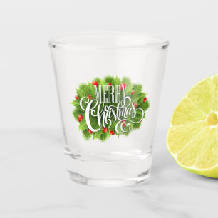 White Stylish Typography Merry Christmas Holly Shot Glass