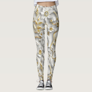 White Stylized Floral with Gold Metallic Leggings