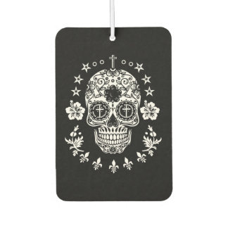 White Sugar Skull and Cross with Fleur De Lis Car Air Freshener
