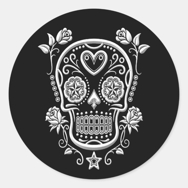 White Sugar Skull with Roses on Black Classic Round Sticker (Front)