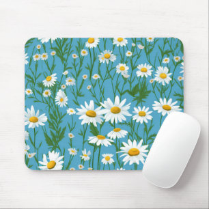 White Summer Daisies On Aqua Mouse Mat