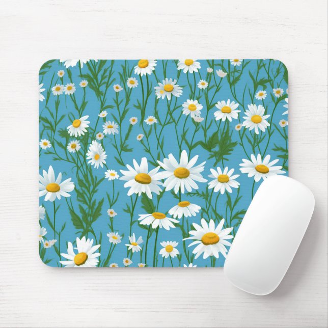 White Summer Daisies On Aqua Mouse Mat (With Mouse)
