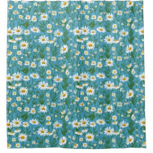 White Summer Daisies On Aqua Shower Curtain