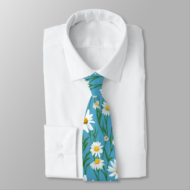 White Summer Daisies On Aqua Tie (Tied)