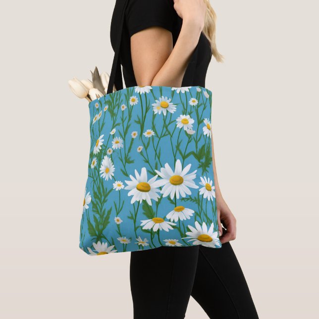 White Summer Daisies On Aqua Tote Bag (Close Up)