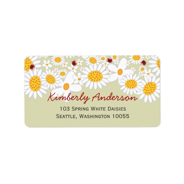 White Summer Daisies & Red Ladybugs Address Labels (Front)