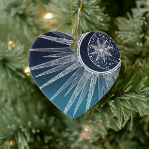White Sun Moon Mandala Blue Gradient Design Ceramic Tree Decoration
