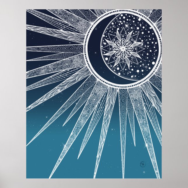 White Sun Moon Mandala Blue Gradient Design Poster (Front)