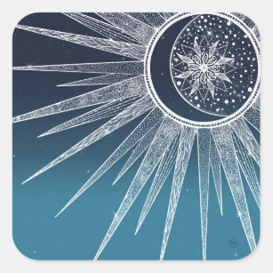 White Sun Moon Mandala Blue Gradient Design Square Sticker