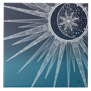 White Sun Moon Mandala Blue Gradient Design Tile