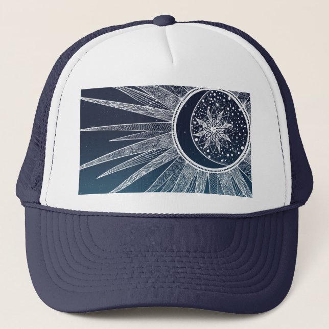 White Sun Moon Mandala Blue Gradient Design Trucker Hat (Front)