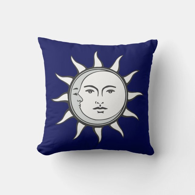 White Sun & Silver Moon on Navy Blue Throw Pillow (Front)