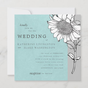White Sunflower Grey Square Wedding Invitation