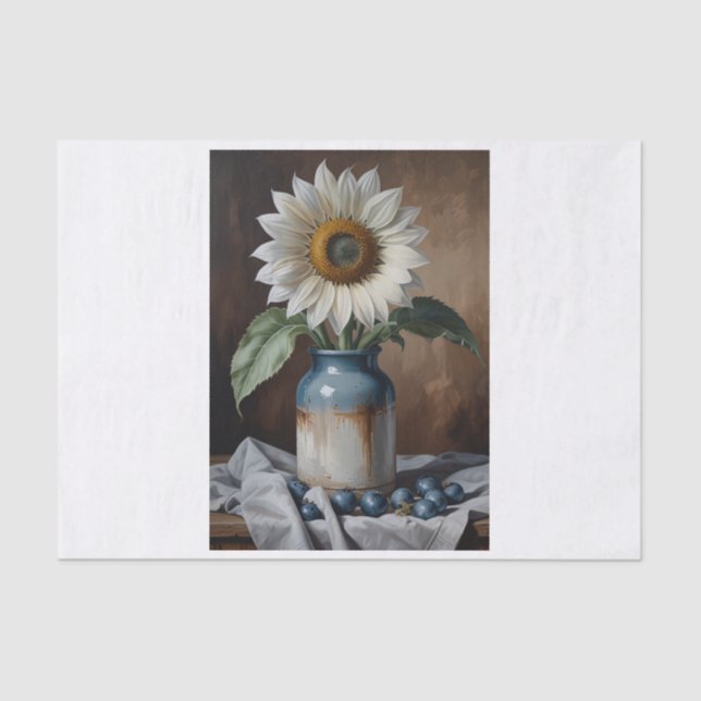 White sunflower in vase decoupage tissue paper (Front)