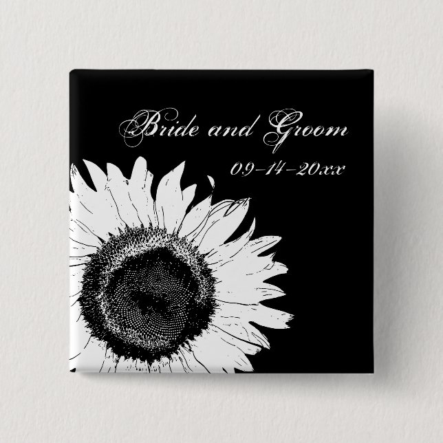White Sunflower on Black Wedding 15 Cm Square Badge (Front)