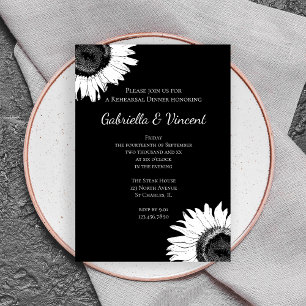 White Sunflower on Black Wedding Rehearsal Dinner Invitation