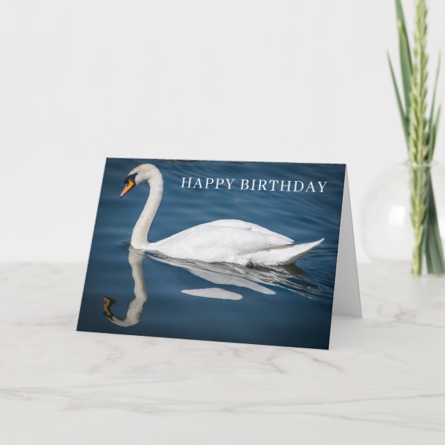 White swan and blue water birthday card (Front)