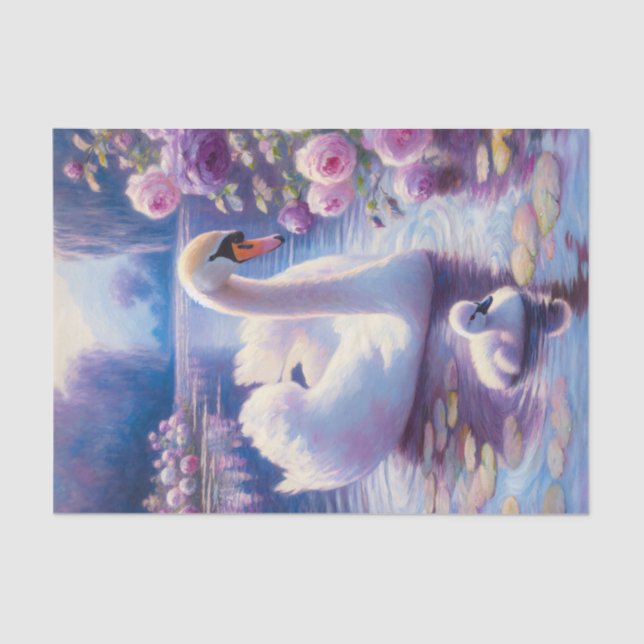 White Swan and Cygnet Purple Roses Decoupage Tissue Paper (Front)