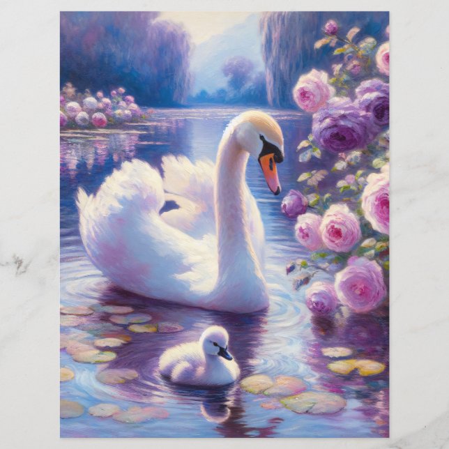 White Swan and Cygnet Purple Roses Scrapbook Paper (Front)