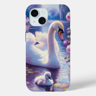 White Swan and Cygnet with Purple Roses iPhone 15 Case
