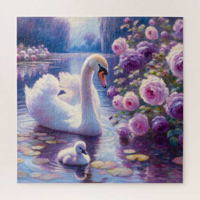 White Swan and Cygnet with Purple Roses Jigsaw Puzzle (Vertical)