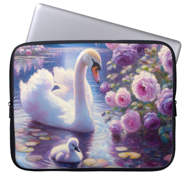 White Swan and Cygnet with Purple Roses Laptop Sleeve (Front)