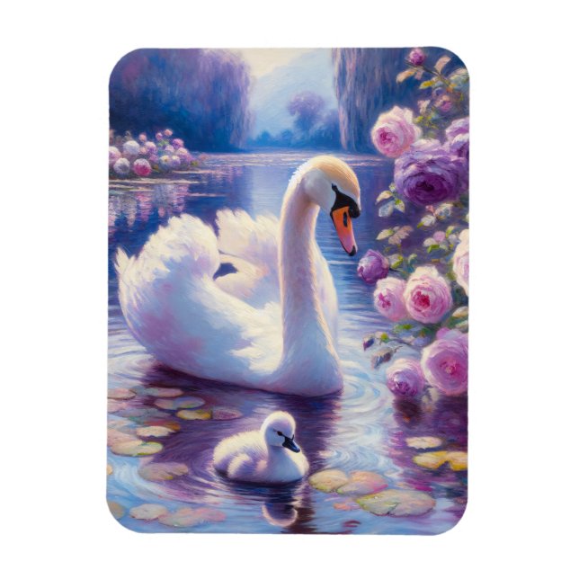 White Swan and Cygnet with Purple Roses Magnet (Vertical)