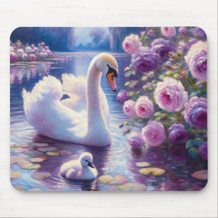 White Swan and Cygnet with Purple Roses Mouse Mat