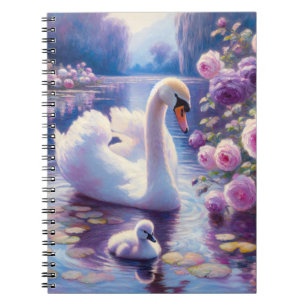 White Swan and Cygnet with Purple Roses Notebook