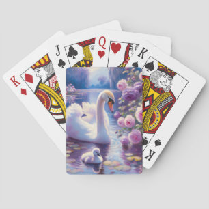 White Swan and Cygnet with Purple Roses Playing Cards