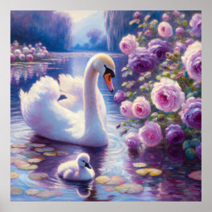 White Swan and Cygnet with Purple Roses Poster