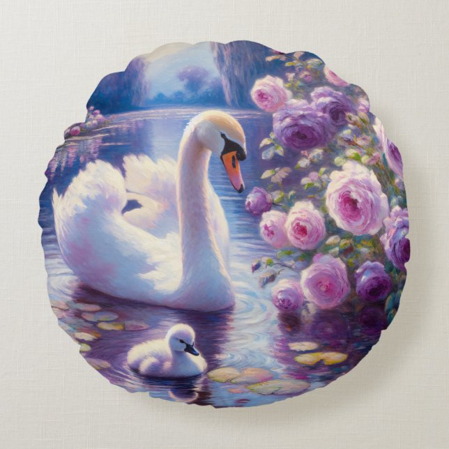 White Swan and Cygnet with Purple Roses Round Cushion (Front)