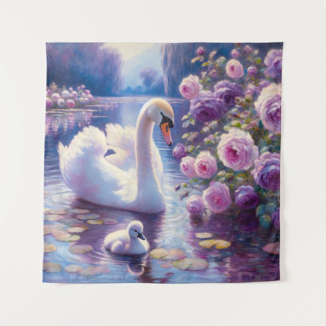 White Swan and Cygnet with Purple Roses Tapestry (Front)