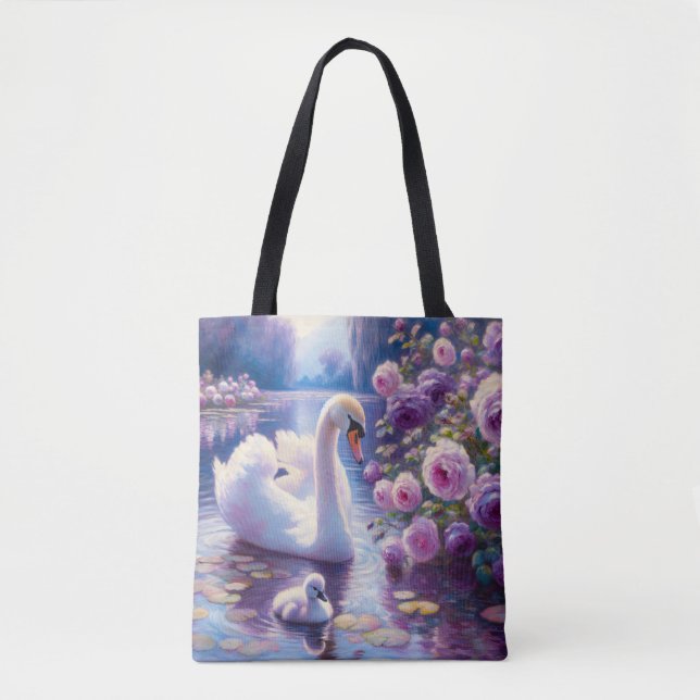 White Swan and Cygnet with Purple Roses Tote Bag (Front)