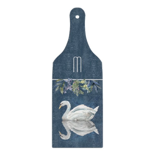 White Swan Blue Reflection Monogram Cutting Board (Front)