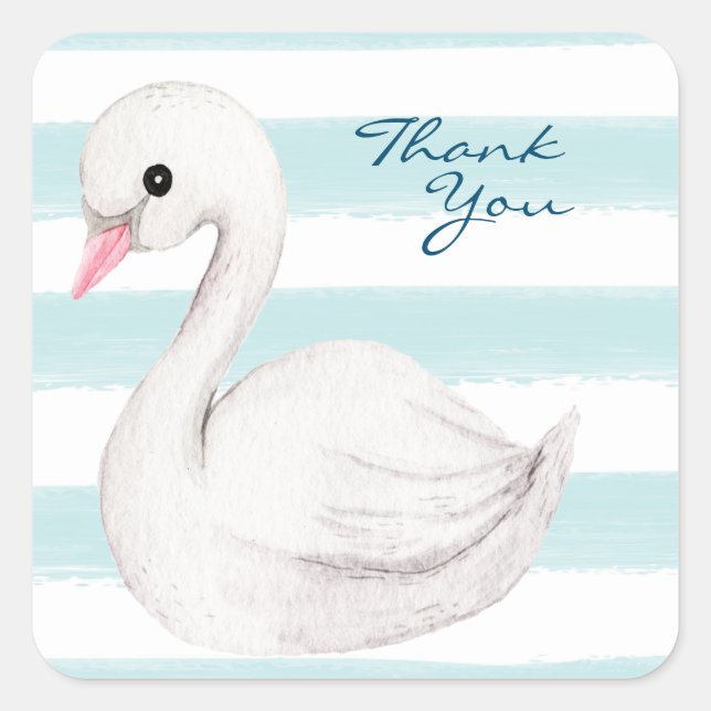 White Swan Elegant Script Blue Thank You Square Sticker (Front)