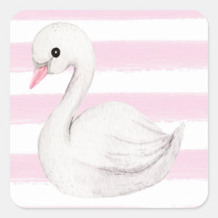 White Swan Elegant Script Pink Stripe Girl Square Sticker