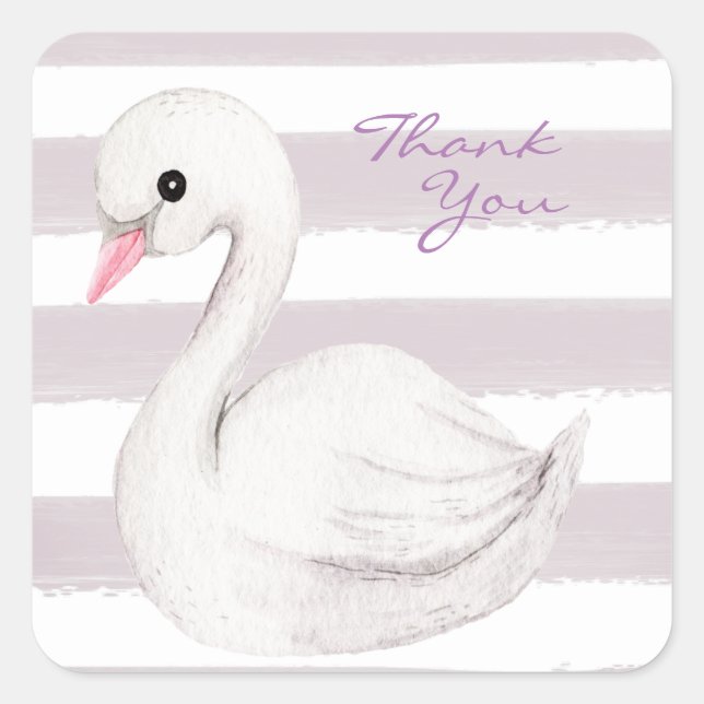 White Swan Elegant Script purple Thank You Square Sticker (Front)