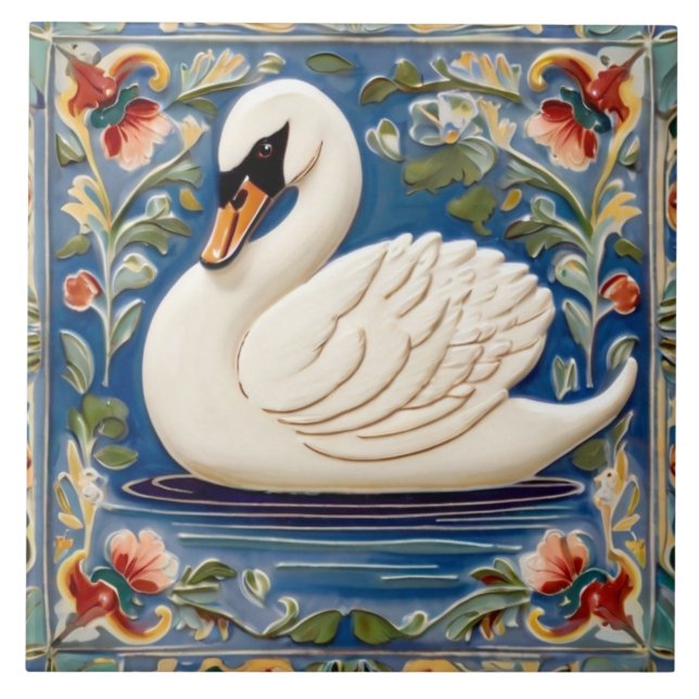 White Swan European Folk Animal Bird Art Tile (Front)