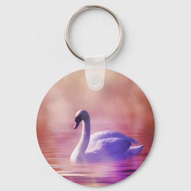 White Swan floating on a misty lake Key Ring (Front)