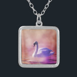 White Swan floating on a misty lake Silver Plated Necklace<br><div class="desc">A charming whimsical fairytale image. Soft romantic photo of a white swan cast in purple lighting swimming on a misty lake. Colourful purples and pinks create a mystical magical mood.</div>