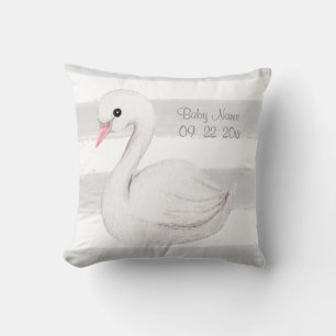 White Swan Grey Script Personalised Birth Cushion