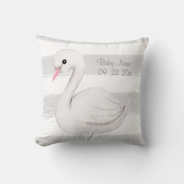 White Swan Grey Script Personalised Birth Cushion (Front)