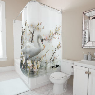 White Swan in Floral Lake Shower Curtain