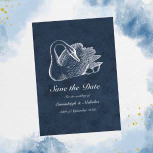 White Swan Navy Blue Save The Date Invitation