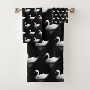 White swan on black bath towel set