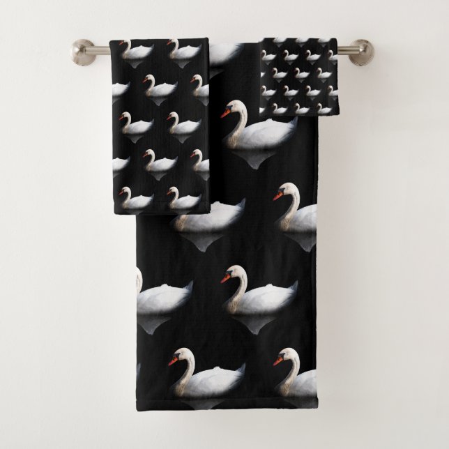 White swan on black bath towel set (Insitu)