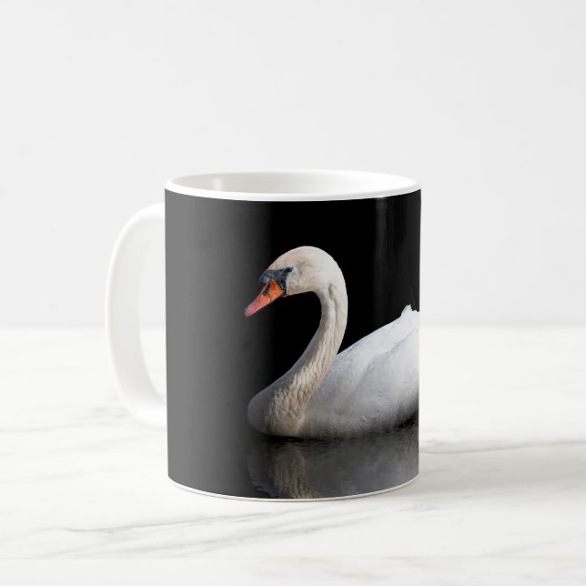 White swan on black coffee mug (Front Left)