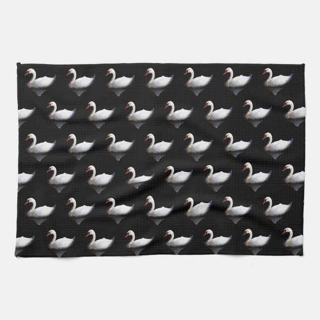 White swan on black tea towel (Horizontal)
